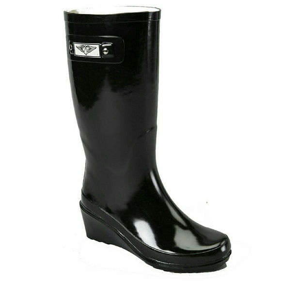 Women's Rainboots, Tall Wedge Rain Boots, RB-3100, Black - Picture 2 of 4